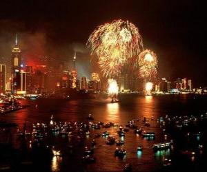 yapboz Hong Kong Yeni Yılın kutlamaya Havai Fişek